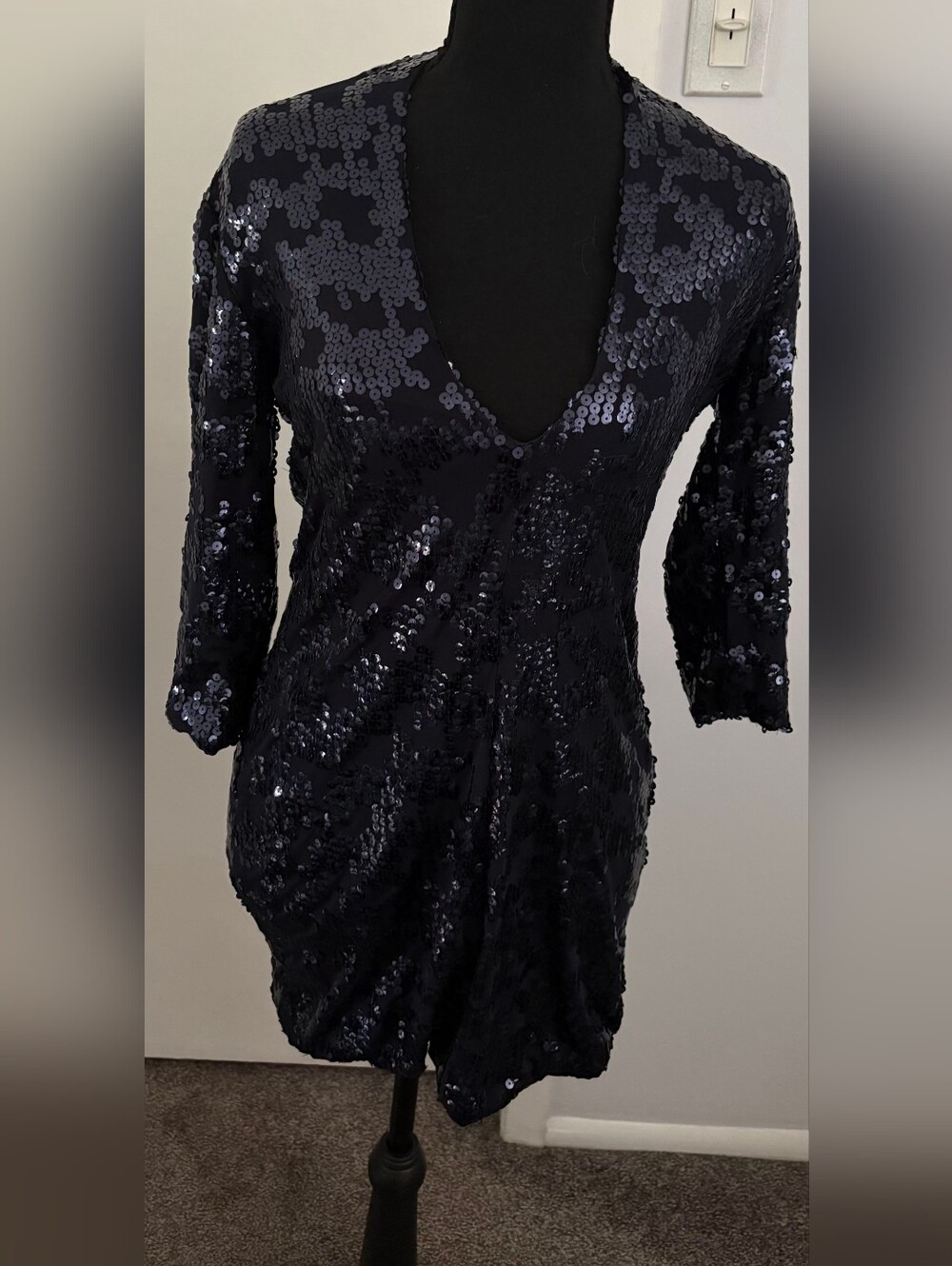 As U Wish Navy Blue Sequin Dress with Deep V-Detail